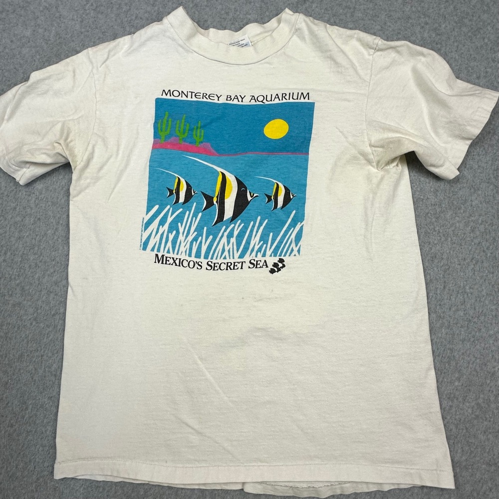 Vintage 1988 Monterey Bay Aquarium Mexico Secret Sea T-Shirt Mens M White Hanes - Picture 1 of 8